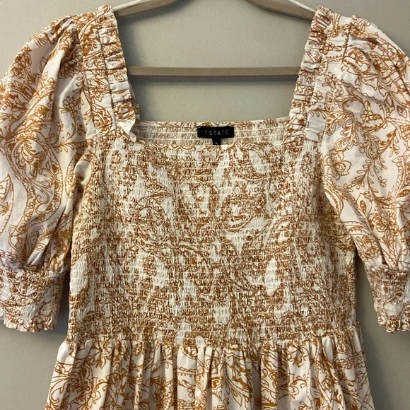 1 State Paisley Square Neckline Smocked Bust Puff-Sleeves  Mini Dress size Large - Picture 2 of 8